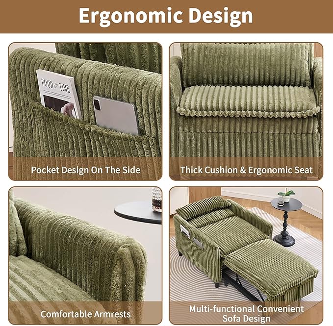 Modern Corduroy Fabric Sofa Bed Futon3 in 1 Convertible Pullout Bed Sleeper Couches with 3 Reclining BackrestsSmall Sofa Chair Bed for Living Room Bedroom (Green)