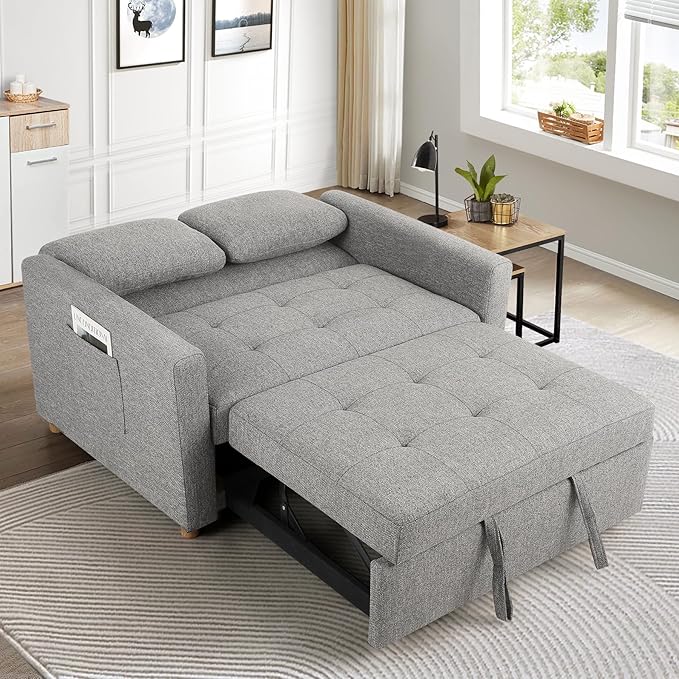 SEJOV Convertible Sofa Bed 3-in-1 Sleeper Sofa Pull Out Couch Bed 2-Seater Linen Fabric Loveseat Futon Sofa with Spring Support Adjustable Backrest for Small Spaces Living Room Grey