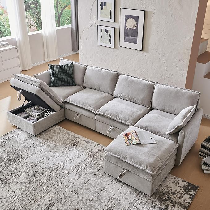 112.6 Sectional Couches for Living Room Cloud Couch Sectional with Large Storage U-Shape Modular Sectional Sofa with Ottoman 6 Seater Chenille Sofa with Pillow for Apartment Bedroom Light Gery