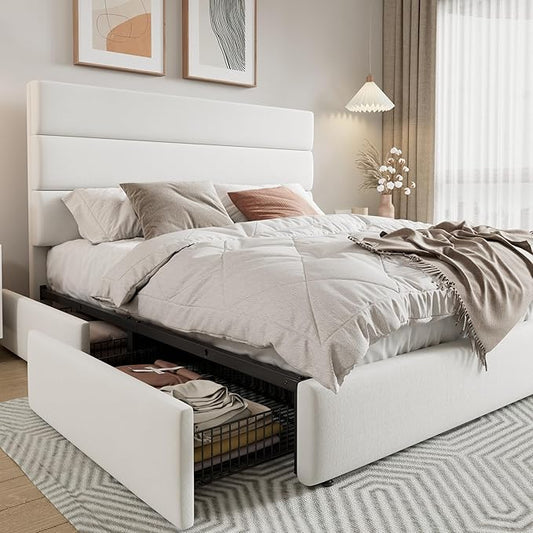 Allewie Modern Queen Size Platform Bed Frame with 4 Storage Drawers and Velvet Upholstered Headboard Wooden Slats Support Upholstered Mattress Foundation/No Box Spring Needed/Easy Assembly White