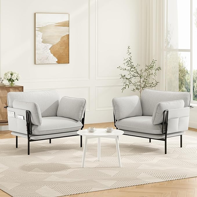 Modern Accent Chair for Living Room Oversized Reading Chair with Solid Metal Legs Upholstered Fabric Armchair with Side Pockets and 2 Pillows Comfy Accent Chairs for Bedroom Nursery White