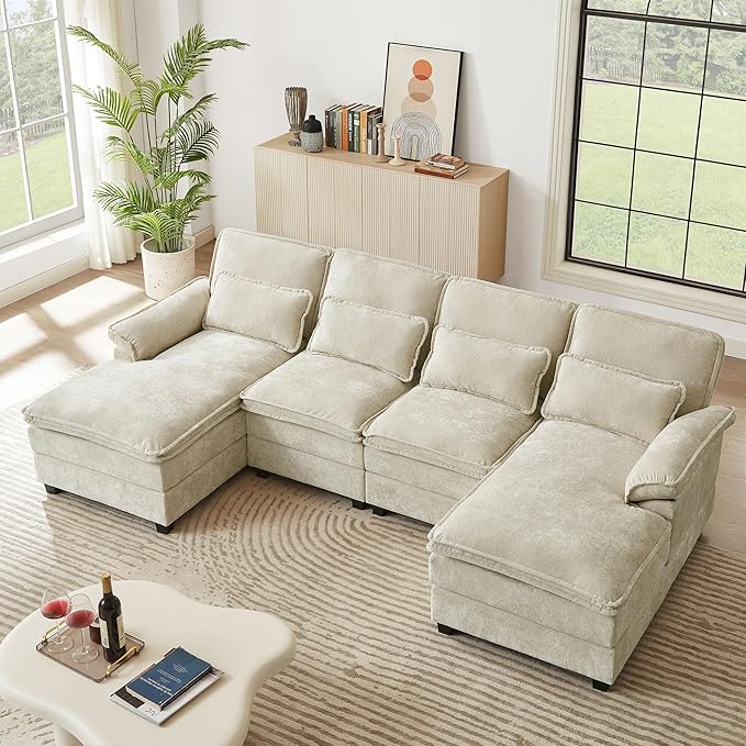 113 U Shaped Sectional Sofa Comfy Cloud Couch Chenille Sofa Sleeper Deep Seat Sofa with 4 Throw Pillows 4-Seater Double-Layer Modern Sofa for Living Room Beige