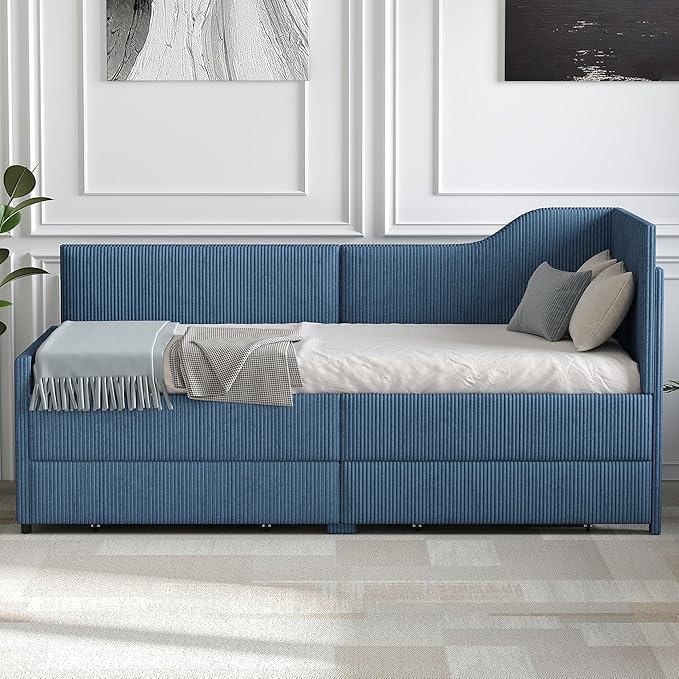 Twin Size Daybed L-Shaped Modern Corduroy Upholstered Sofa Day Bed Frame with Storage Drawers for Living Room Bedroom Guest Room No Box Spring Needed (Blue)