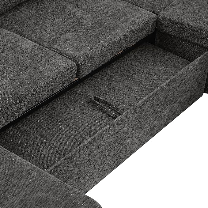 109.9 Modern Sectional Sofa Pull-Out Sofa Bed Sleeper with Storage Ottoman and 2 Cup Holders Chenille Convertible U-Shaped Couch Bed for Living Room (Grey-3.13)