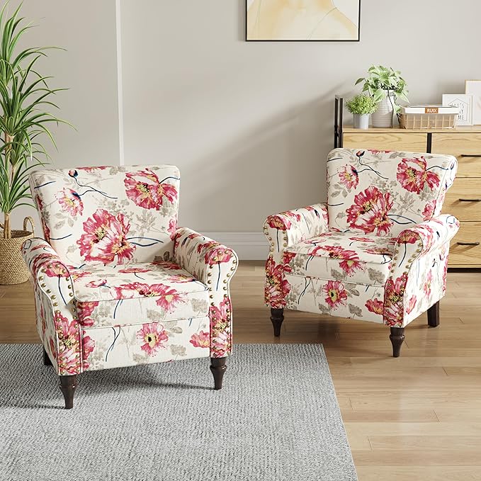 Wingback Accent Chairs Set of 2 Mid-Century Modern Upholstered Armchair Living Room Chair with Nailhead Trim &amp Rolled Armrest Floral Pattern Reading Chair Single Sofa Chair for Bedroom Plants W