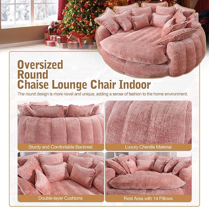 81 Oversized Bean Bag Chair Boneless Round Chaise Lounge Comfy Chenille Reading Chair Fluffy Plush Sofa Bed Large Deep Seat Circle Cloud Couch for Living Room/Apartment/Bedroom Pink