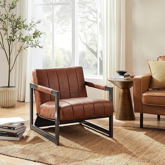 Art Leon Genuine Leather Accent Chair Mid Century Modern Arm Chair with Black Metal Frame Single Sofa Chair for Living Room Bedroom Red Brown