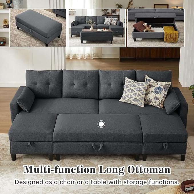 101 Convertible Sectional Sofa with Ottoman Coffee Table Modern Linen Fabric U-Shaped Couch with Storage Pocket 4 Seat Sofa Couches for Living Room Apartment Office Darkgrey