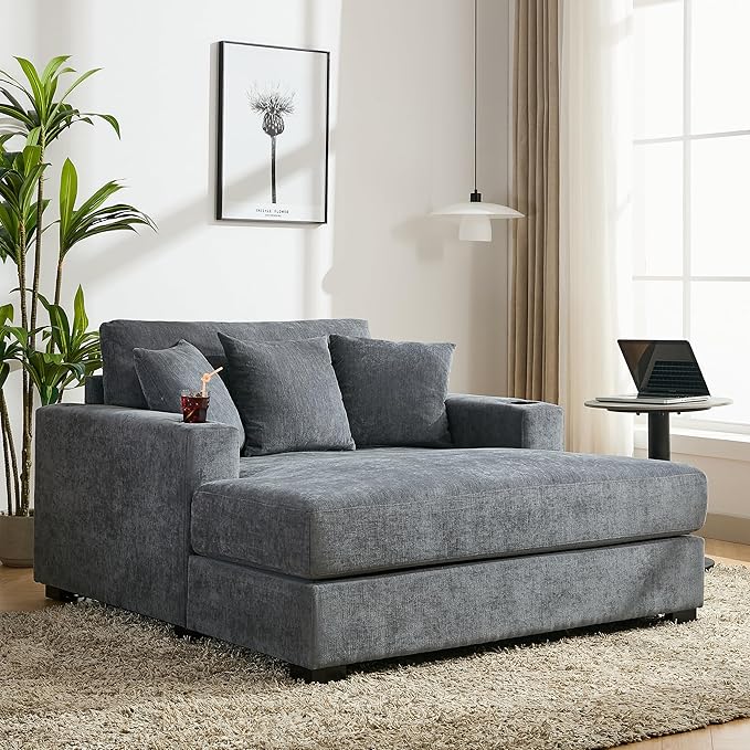 Oversized Chenille Fabric Chaise Lounge Chair Indoor 55 Oversized Chaise Lounger Modern Style Sofa Couch With Pillows Charge Station &amp Cup Holders For Living Room Office (Blue Gray 55)