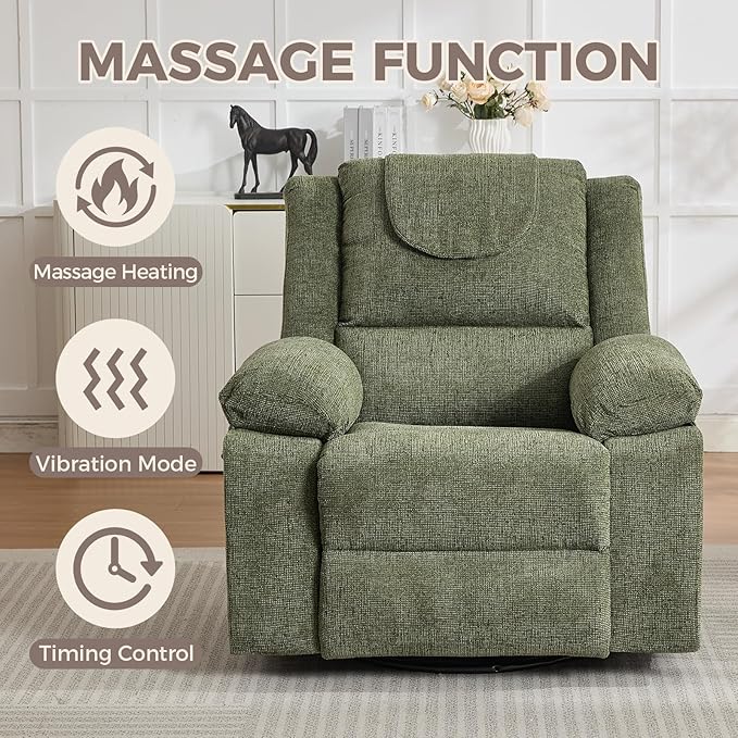 Oversized Massage Rocker Recliner Chair for Adults360° Swivel Rock Recliner Chairs Single Sofa with Vibration Massage and HeatingSide Pocket for Living Room/BedroomGreen