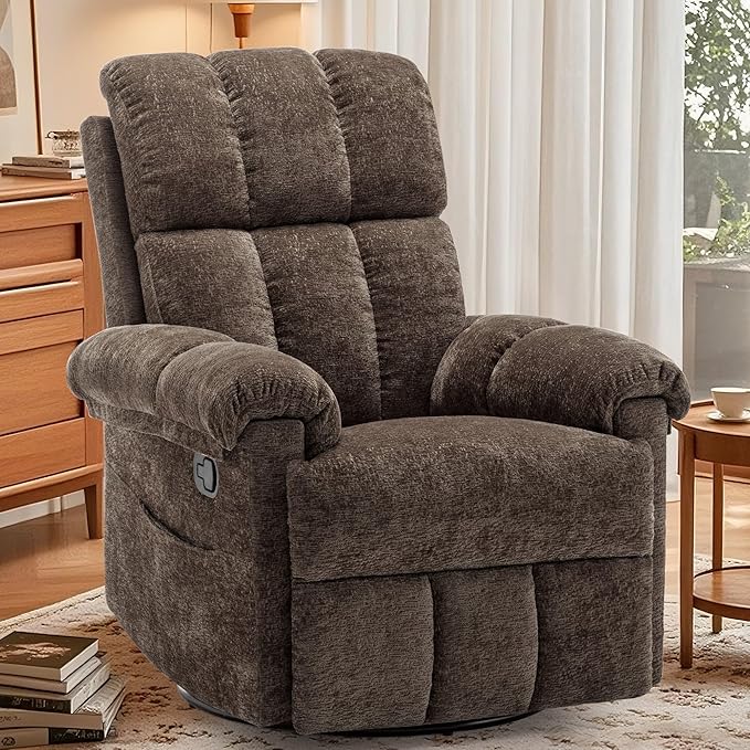 Recliner Chair Swivel Rocker Recliner Chair for Adults Small Recliners for Small Spaces Upholstered Manual Recliner with Side Pockets Nursery Rocking Chair for Living Room Chenille Brown