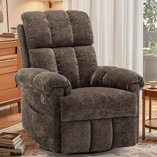 Recliner Chair Swivel Rocker Recliner Chair for Adults Small Recliners for Small Spaces Upholstered Manual Recliner with Side Pockets Nursery Rocking Chair for Living Room Chenille Brown
