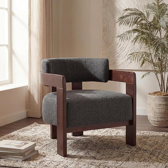Barrel Accent Chairs Set of 2 Cozy Upholstered Living Room Chair for Bedroom Walnut Wood Frame Vintage Modern Lounge Reading Chairs for Apartment Waiting Room Office Charcoal