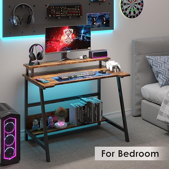 ALISENED 31.5 Inch Small Office Desk with Storage Small Desk for Small Spaces Compact Home Office Desk Mini Study Desk for Bedroom Brown