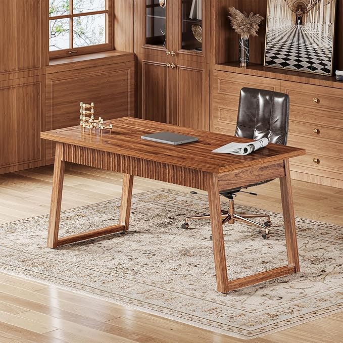 LITTLE TREE 55-Inch Home Office Desk with Drawer Modern Minimalist Style Wooden Simple Study Writing Table Mid-Century Log Executive Desk Computer Desk PC Laptop Desk Workstation Walnut Brown