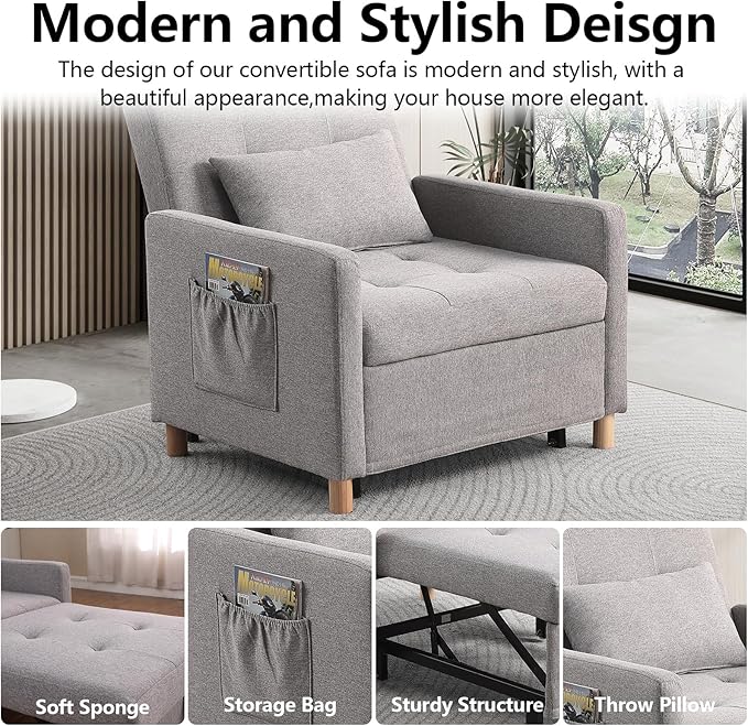 Sleeper Chair Convertible to Bed with Adjustable Backrest Pull Out Sofa Linen Fabric Side Pocket for Bedroom Living Room Apartment