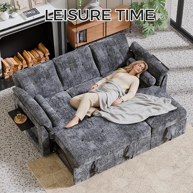 Convertible Queen Sofa Bed 63 Inch Chenille Pull Out Couch with Side Table 3 Seat Pull Out Sofa Bed with Level Adjustable Backrest Comfy Sleeper Sofas for Living Room Apartment Gray