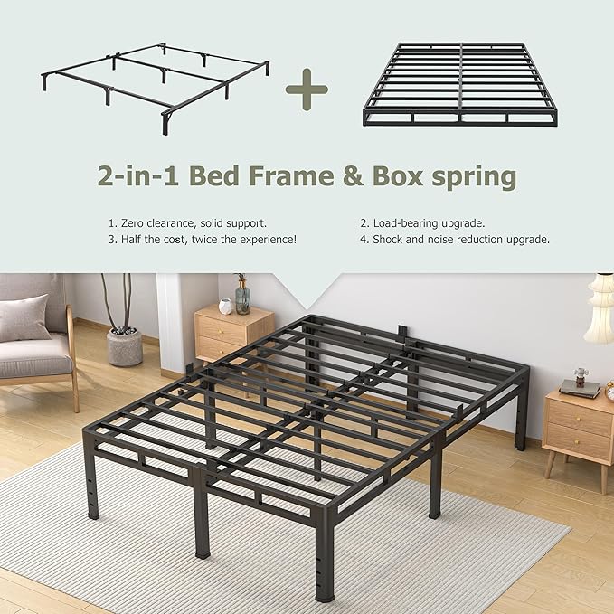 NKZ King Size Bed Frame 20 Inch Metal Bed Frame &amp Box Spring 2 in 1 Platform with Round Corner Legs 4000lbs Weight Capacity Reinforced Metal Frame Headboard Hole Noise-Free Easy Assembly