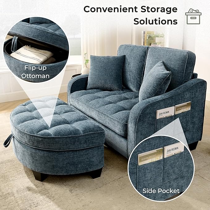 DEINPPA Oversized Accent Sofa Chair with Storage Ottoman Chenille Upholstered Comfy Chair with Throw Pillows for Living Room Reading Room Bedroom-Blue