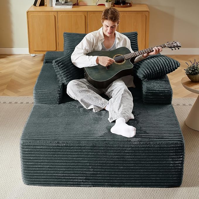50Oversized Chaise Lounge Chair IndoorCorduroy Boneless Reading Chair with 3 PillowsDeep Seat Cloud Sofa BedComfy Modern Sleeper Chairs in Box for Living Room BedroomNo Assembly(Dark Grey)