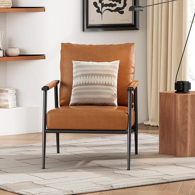 Christopher Knight Home Mid-Century Accent Chair PU Leather Club Chair Vintage Upholstered Armchair with Metal Frame for Living Room Office Soft Plush Seating Padded High Backrest Brown+Black