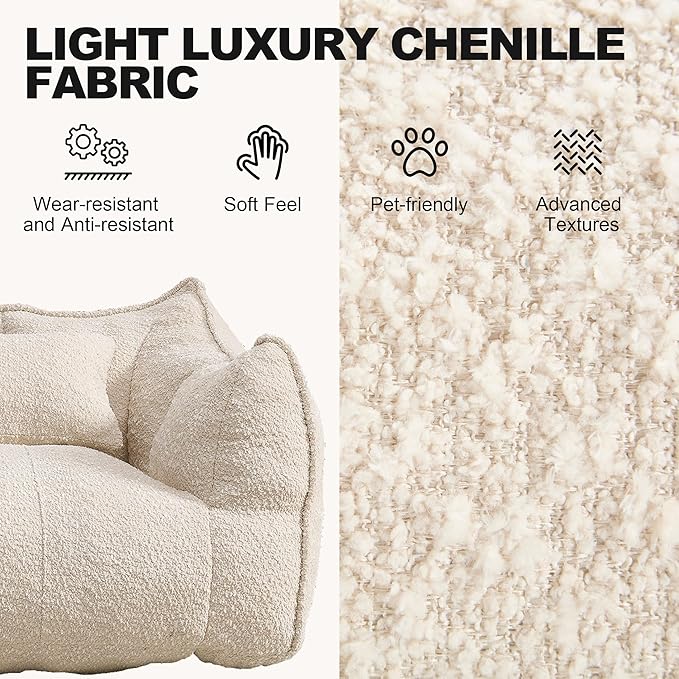 47.2 Inch Oversized 2 Piece Single Sofa Set Comfy Beanbag Chairs with Scratch-Resistant Pet-Friendly Chenille Modern Couch with Arms No Assembly Required Beige