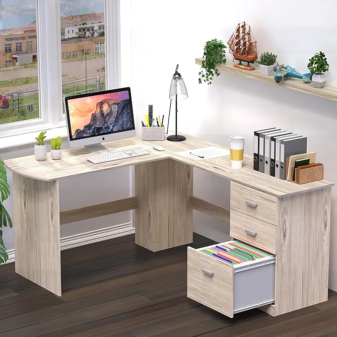 SHW 51 x 59 Inches L-Shaped Home Office Wood Corner Desk with Box Box File Drawers Maple