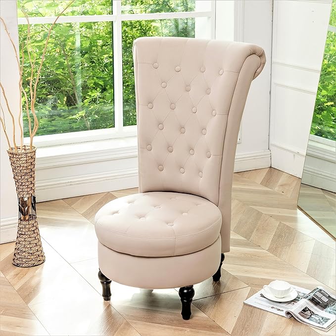 Royal High-Back Velvet Accent Chair for Vanity with Storage and Luxurious Upholstery Retro Design and Versatile Usage for Living Room Bedroom Lounge and Office Ivory