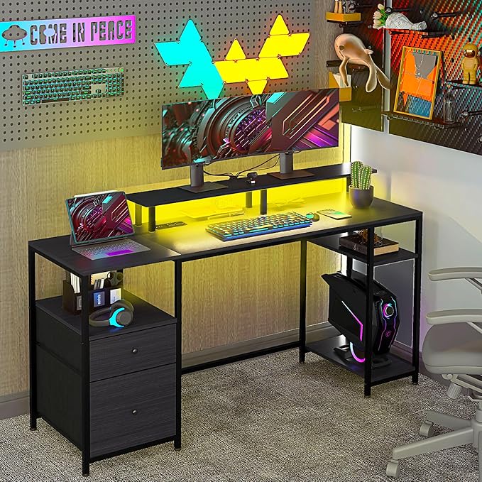 61 Computer Desk with LED Lights Power Outlets and USB Ports Gaming Desk with Storage Shelves Monitor Stand Fabric Drawers Remote for Home Office Study Distressed Black
