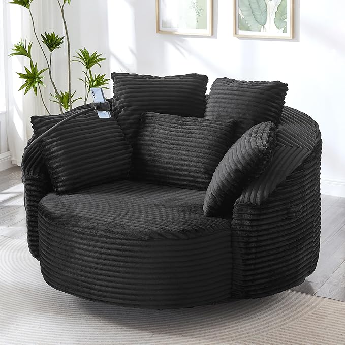 360° Swivel Accent Chair with 5 Throw Pillows Adjustable Phone Holder Corduroy Fabric Round Sofa Chair Barrel Chair with Semi-Wraparound Design for Living Room Office and Hotel (Black1)