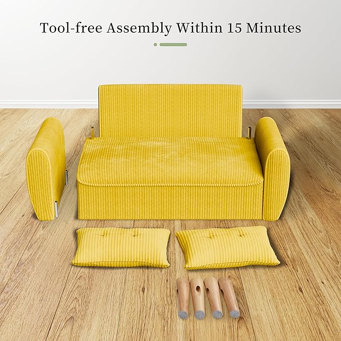 Vongrasig 48 Small Modern Loveseat Sofa Mid Century Soft Corduroy Fabric 2-Seat Sofa Couch Tufted Love Seat with Back Cushions and Tapered Legs for Living Room Bedroom and Small Space (Yellow)