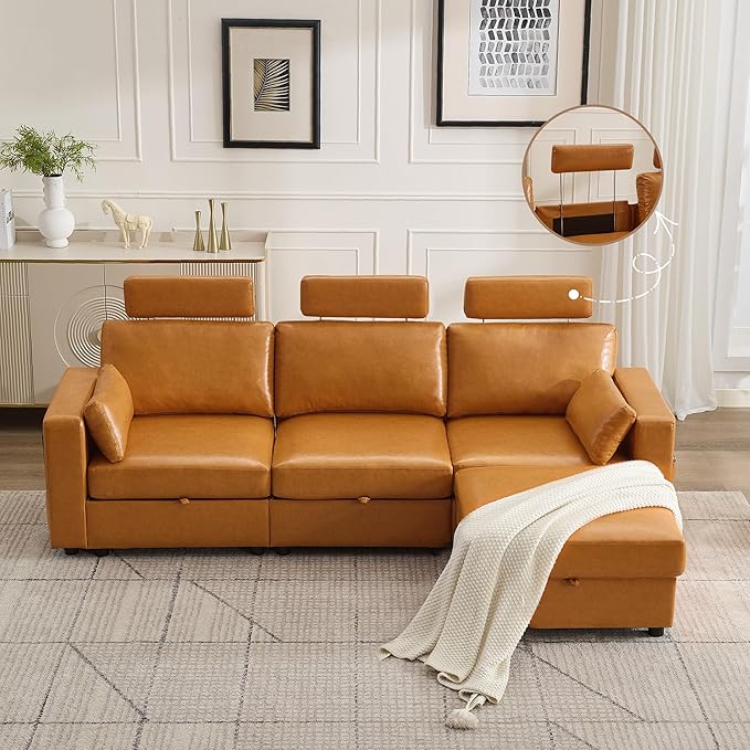 98.2 Modular Sectional Storage Couch Oversized Faux Leather L Shaped Couch Modern Cloud Upholstered Sofa with Headrest &amp Side Pocket Sectional Sofa for Living Room Apartment Small Spaces Brow