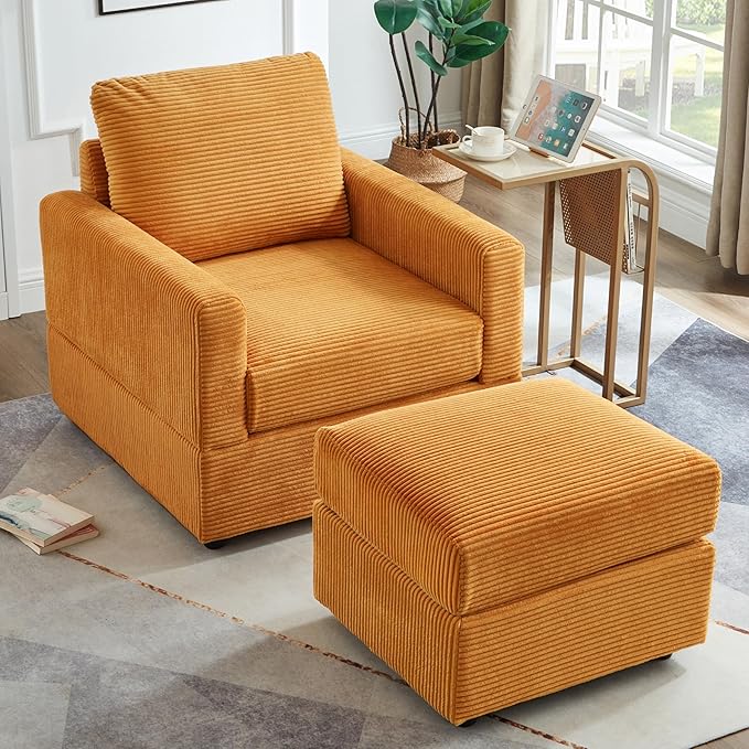 Aoiy &amp Wifon Accent Chair with Ottoman Upholstered Reading Chair with Ottoman Comfy Armchair with Wooden Legs Corduroy Orange