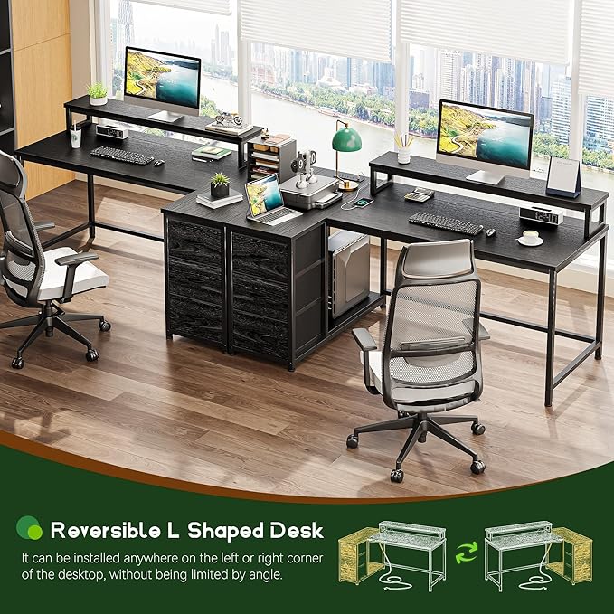 EnHomee L Shaped Gaming Desk with LED Lights &amp Power Outlet 48Inch Reversible Office Desk with Monitor Stand Corner Computer Desk with 3 Drawers for GamingStudy RoomHome OfficeBedroomBlack