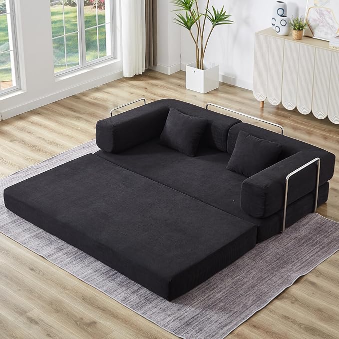 Convertible Couch Sofa Bed Foldable Floor Sleeper | All High-Density Foam | Fold Out Deep Seat Couch | King Size | Compression Sofa Sleeper for Living Room Bedroom | Corduroy Black