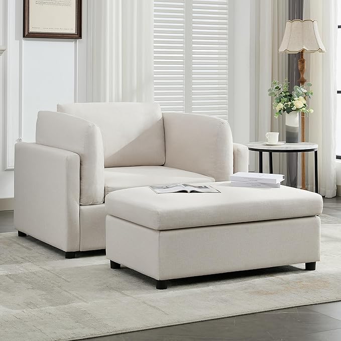Modern Chenille Oversized Armchair with Ottoman 50.4 Wide Accent Chair Luxurious Linen Fabric Single Sofa Chair with Pillows and Wide Armrests Living Room Apartment Offices (Cream-50.4'')