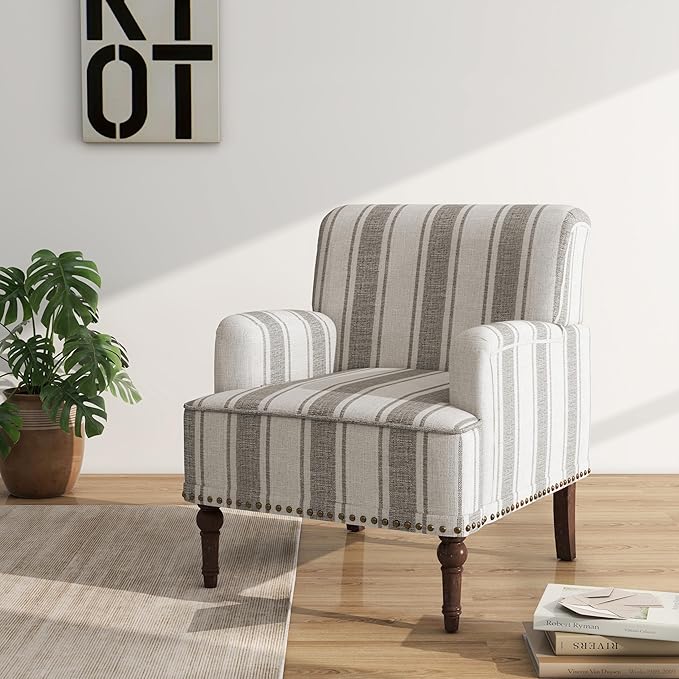 Accent Chair Mid Century Modern Comfy Armchair for Living Room Linen Fabric Single Sofa Lounge for Reading Bedroom Apartment Waiting Room with Wood Legs (Grey Stripe Set of 2)