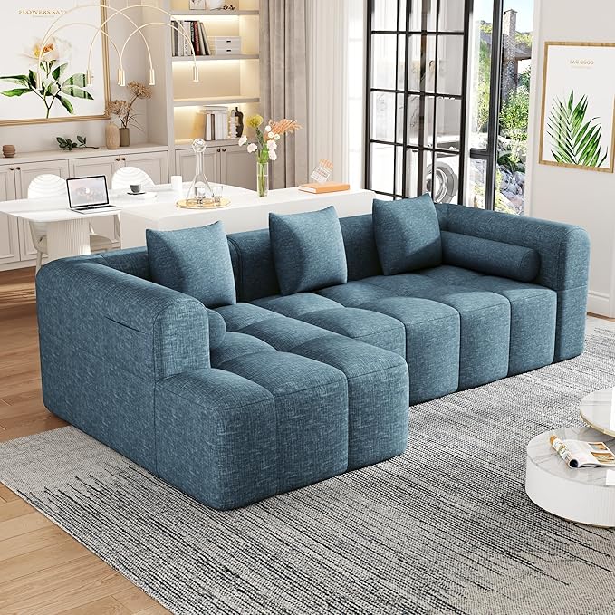 101.2 Sectional Sofa Full-Compressed Sofa Modular Sofa Couch Free-Combined with Deep Seating and Two Side Pockets for Living Room (Blue@90)