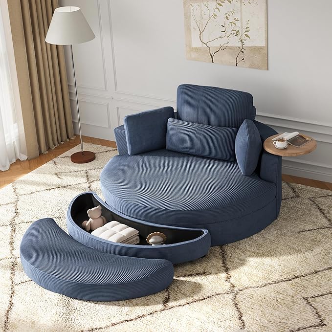 DEINPPA 51'' Accent Swivel Barrel Chair with Storage Ottoman Modern Oversized Round Leisure Sofa Chaise with Tray Pillows Corduroy Upholstered Lounge Chair for Bedroom Living Room Hotel Club Blue