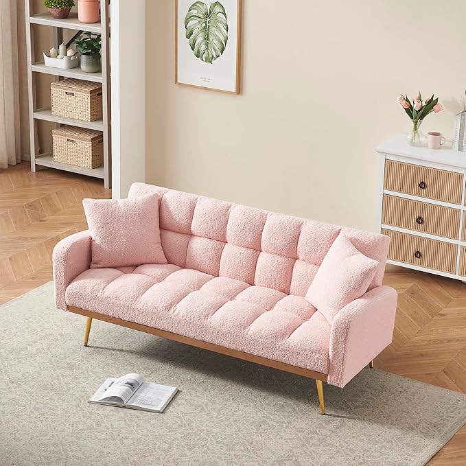 Convertible Futon Loveseat Couch Reversible Loveseat Folding Daybed Guest Bed Tufted Teddy Fleece Upholstered Convertible Sleeper Sofa Bed with Golden Metal Legs and 2 Pillows for Living Room Office