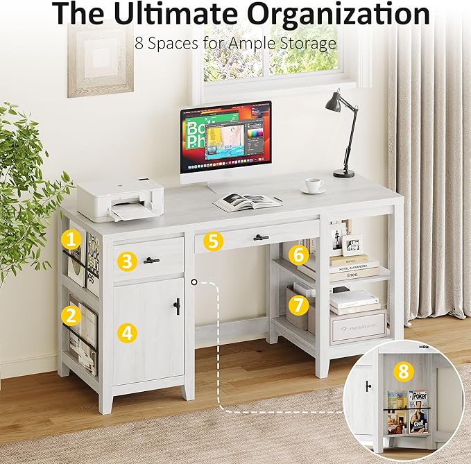 58 Executive Desk with Foldable Keyboard Tray and Charging Station Farmhouse Wood Home Office Desk with Drawers and Magazine Rack Large Writing Computer Desk for Home Office and Study White