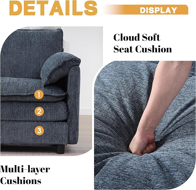 108 Cloud Sectional Couches for Living Room Convertible L Shaped Modular Sectional Sofa with Movable Ottoman 3-Seat Chenille Cloud Couch with Deep Seat for Bedroom Office Apartment Blue
