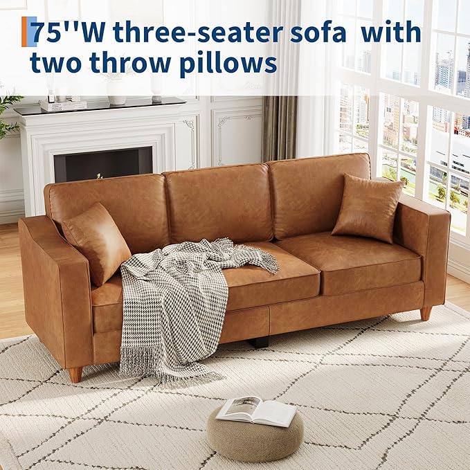 GarveeHome 3-Seater Sofa Couch with 2 Throw Pillows 85 Inches Faux Leather Couch with Wide Armrests Deep Seats Wood Legs Back Cushion Sturdy Support Feet Couches for Living Room Office Brown