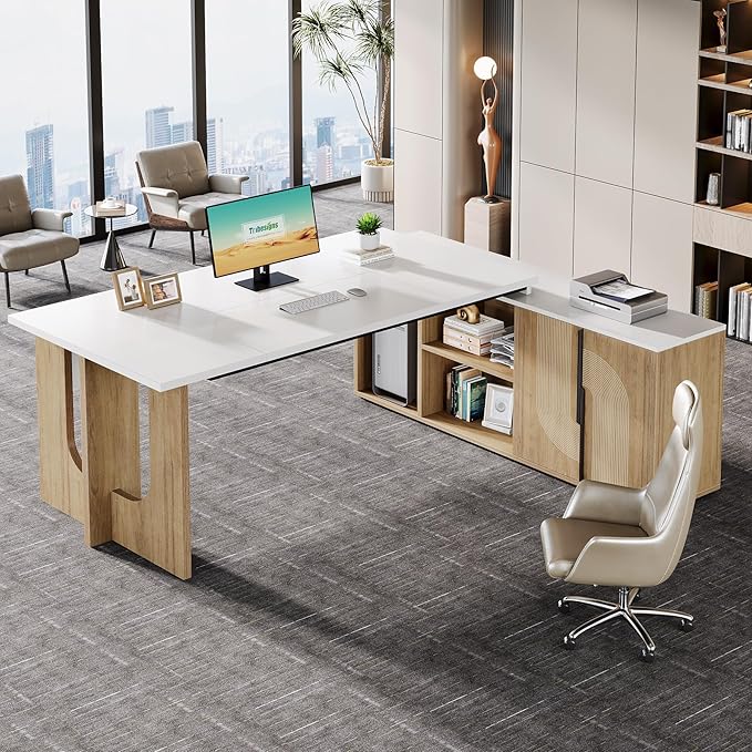 Tribesigns 74.8 Inch Executive Desk Large Office Desk with Cabinet L Shaped Computer Desk with Shelves and CPU Storage Modern Home Office Desks Business Furniture Workstation Set White and Wood