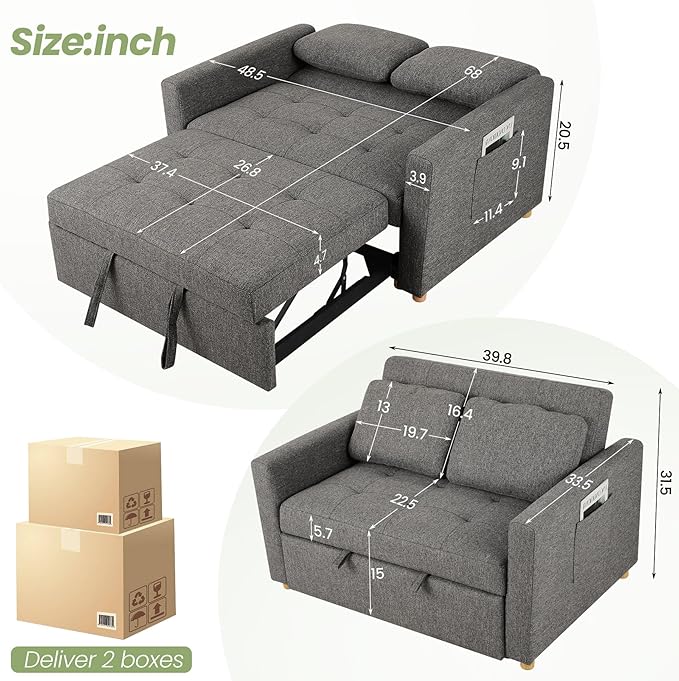 SEJOV Sleeper Sofa Bed 3-in-1 Convertible Sofa Chair Linen Fabric Pull Out Couch Bed Loveseat Sleeper with Spring Support Adjustable Backrest 2 Seater Recliner Chair for Small Space Dark Grey