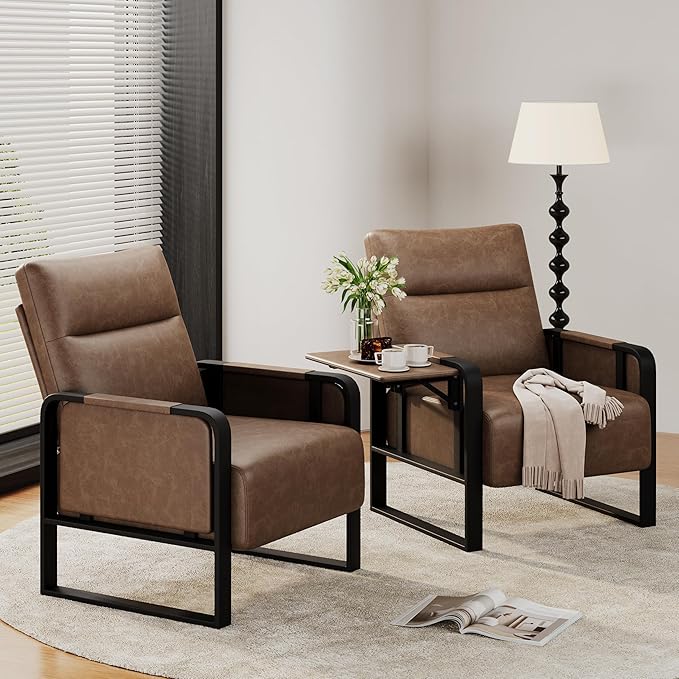 Upholstered Living Room Chair Armchair Mid Century Faux Leather Metal Accent Chair Reception Couch Office Guest Chair Slipper Club Lounge Single Sofa with Sidetable for Bedroom-Brown