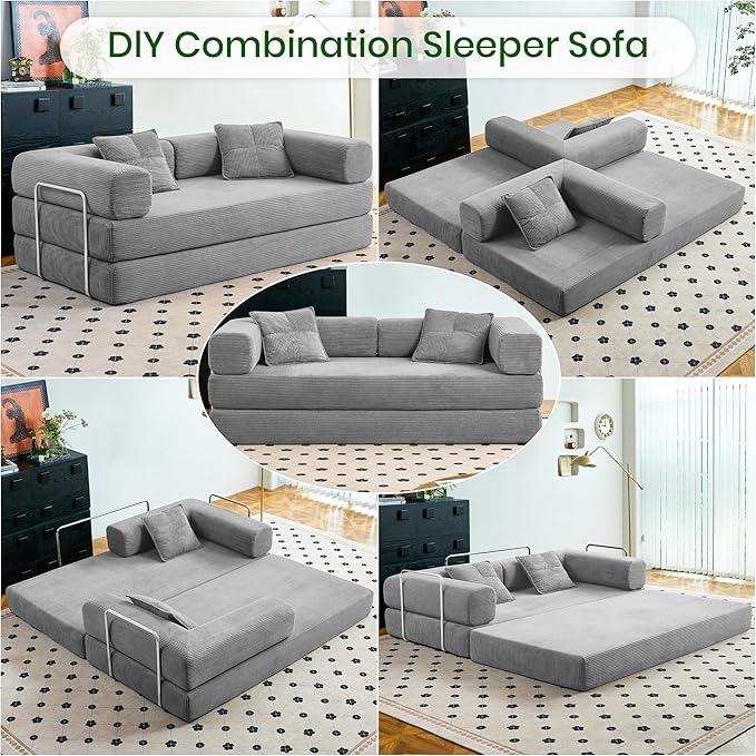 Compression Sofa - 62''Convertible Floor Sofa Bed - with Pillow Back Support Armrest - Comfy Foldable Sofa Bed Compressed Sofa in Box - Corduroy Fabric - for Living Room Bedroom (Gray)