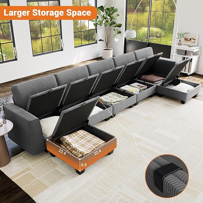 140 Large u Shaped Couch Oversized Modular Sectional Sofa with Storage Ottoman 7-Seater Comfy Combination Sofa Deep Seat Couches for Living Room Corduroy Grey