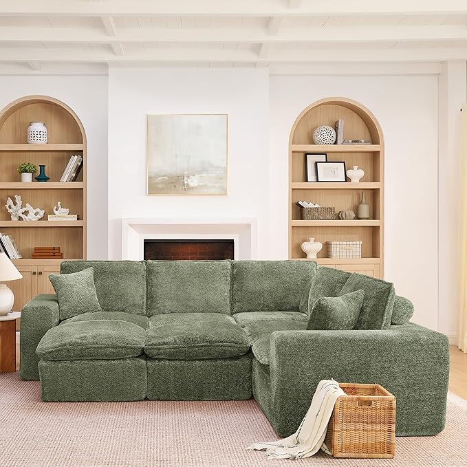 L-Shaped Boneless Modular Sectional Cloud Couches 7 Seat Modular Boucle Floor Foam Boneless Sofa Couch with Ottomans Headrest Pillows and Removable Cushions