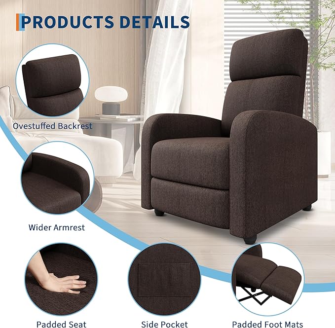 Manual Recliner Chair for Adults Lazy Recliner Linen Fabric Ergonomic Single Sofa with Side Pocket Adjustable Push Back Wide Arms &amp Padded Seat Lounge Chair for Living Room Home Theater Brown